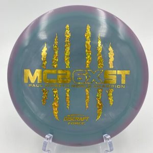 Top view of vibrant green Discraft Force in ESP plastic commemorating Paul McBeth's 6X wins.