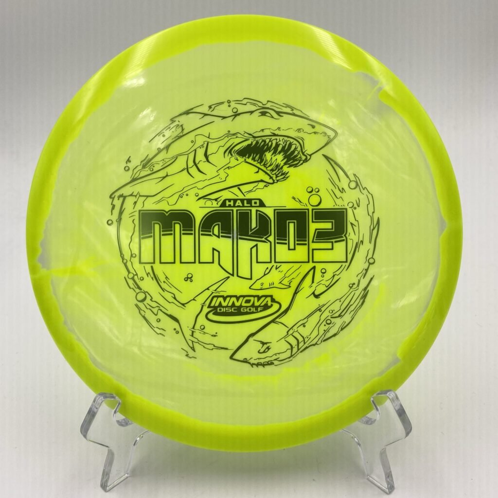 Top view of vibrant green Innova Mako3 in Halo Star plastic.