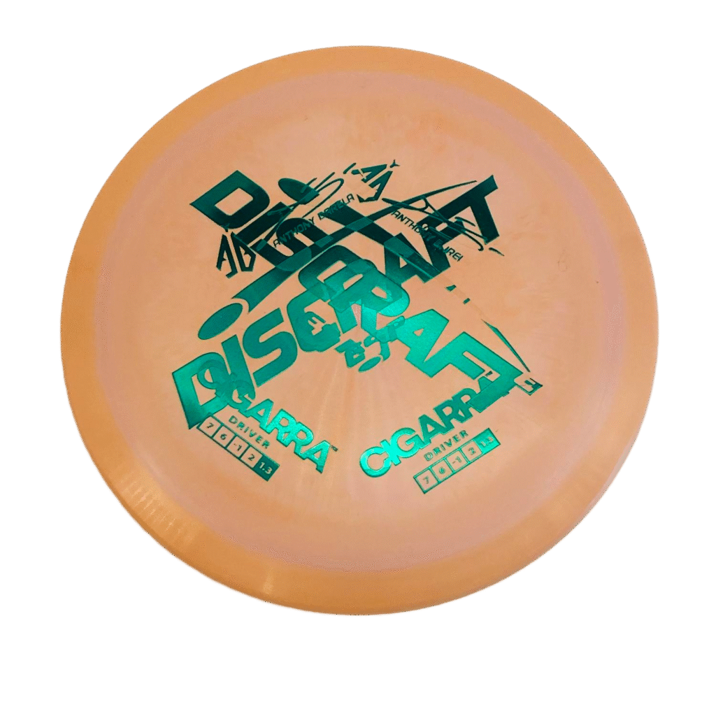 Top view of vibrant orange Discraft ESP Cigarra Misprint disc.