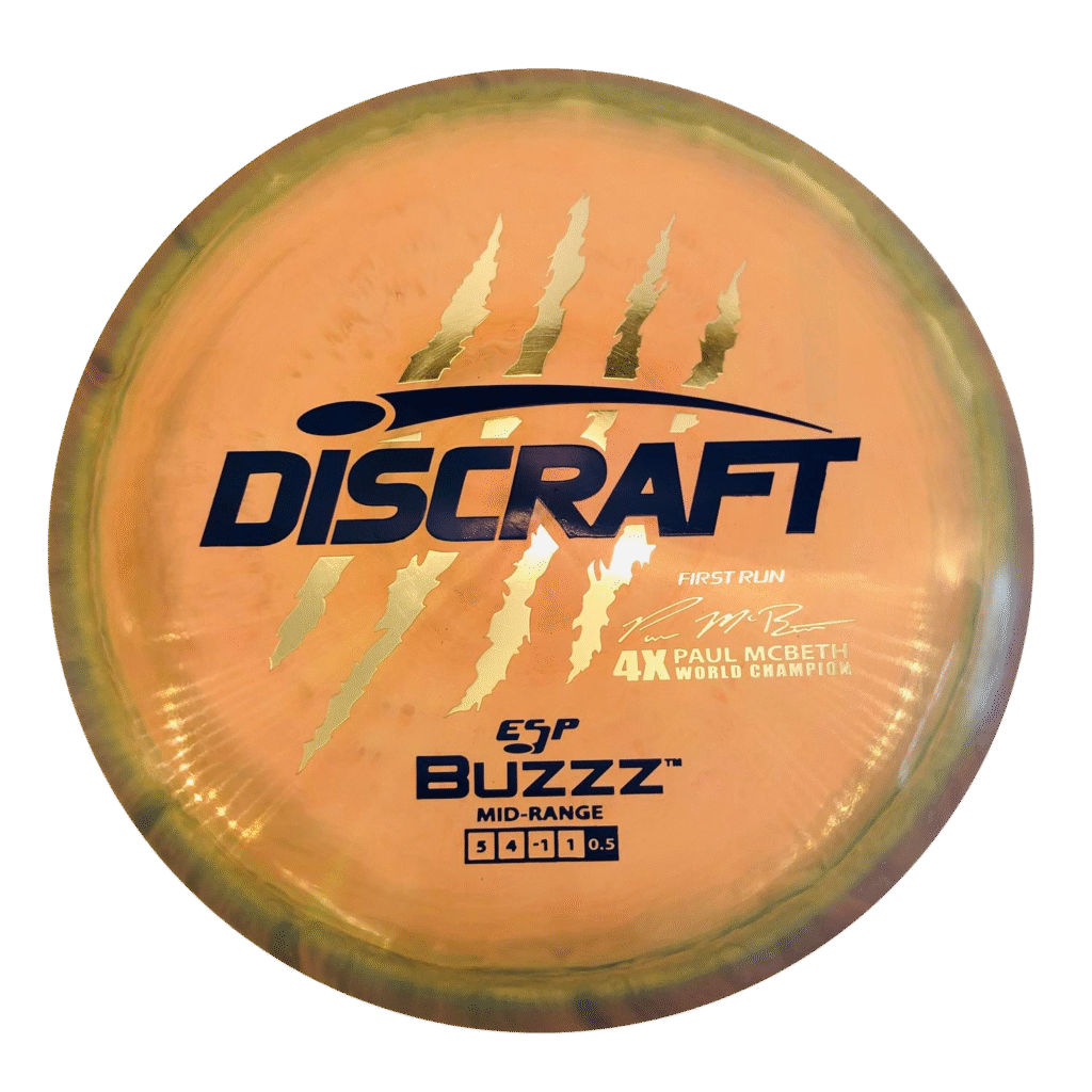 Buzzz - Paul McBeth 4x - Swirly ESP - First Run Orange-pink-teal-purple, disc golf disc, midrange, stable